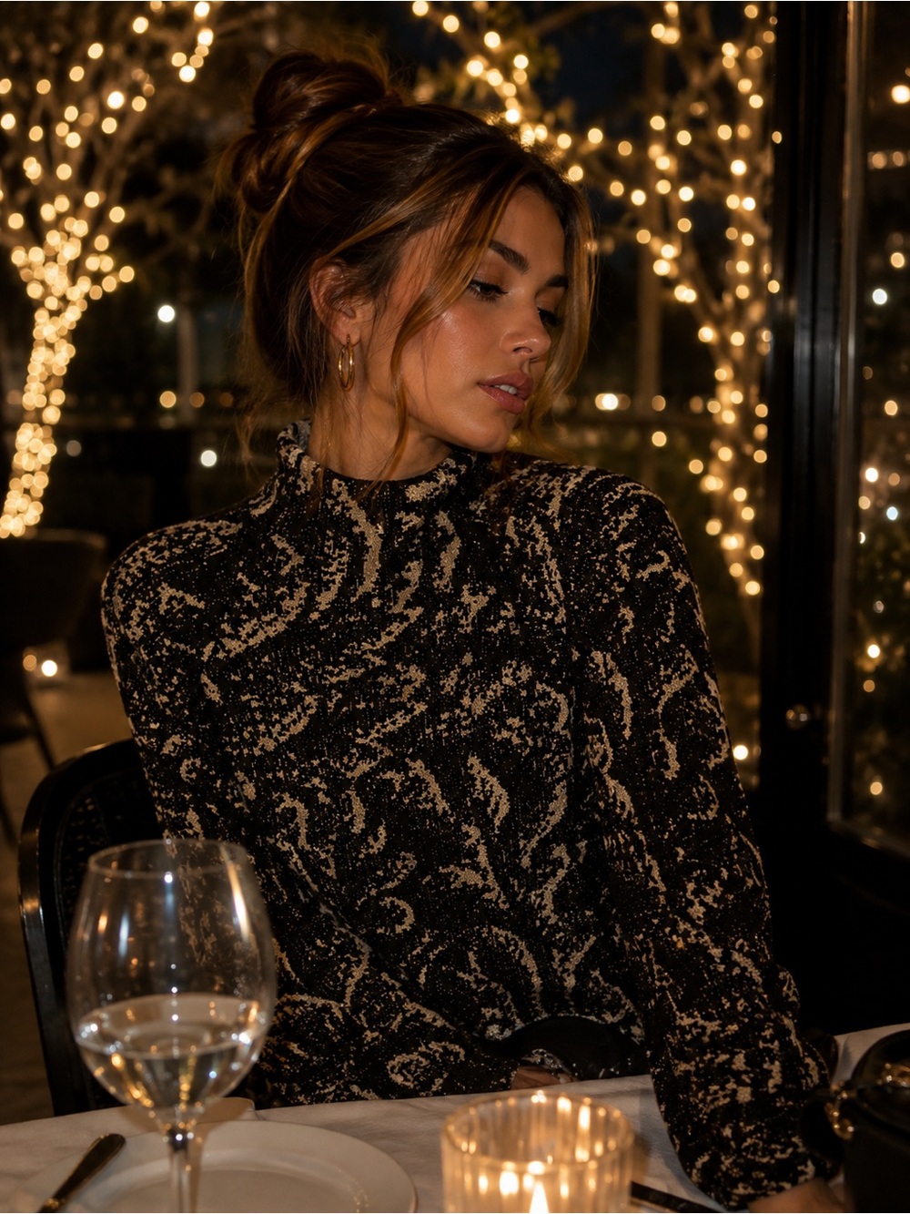 Anthropologie Black and Cream Paisley Mock-Neck Sweater